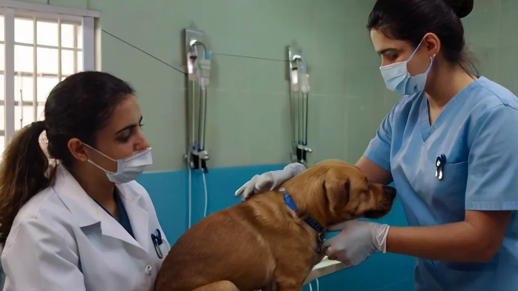 Equipe veterinária atendendo cão internado com soro